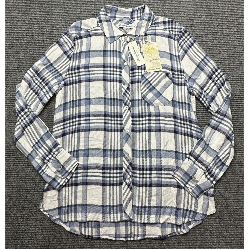 Tommy Bahama Shirt Womens Small Blue Plaid Flannel Long Sleeve Button Front New